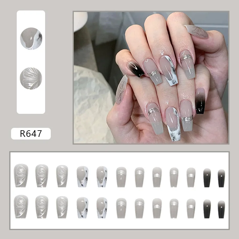 

24PCS Icy French Press-On Nails – Long Square Shape With Ash Grey Gradient & Mirror Powder Butterfly (Sophisticated Glam)