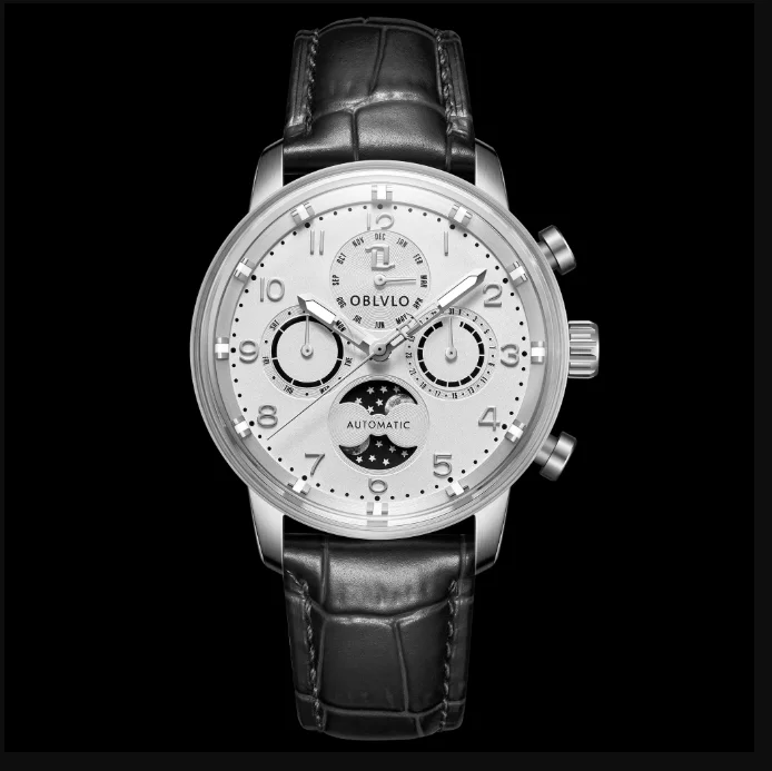 OBLVLO Men Automatic Watch 42MM Moon Phase Mechanical Wristwatch Luminous Waterproof Sapphire Mirror Multi-Dial Month Week Date view 2