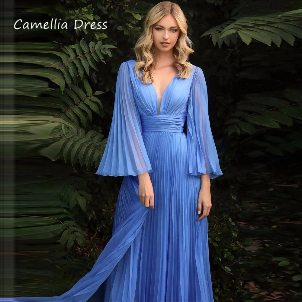 Remarkable A-line V-neck Prom Dresses Illusion Flare Sleeve Straps Floor-length Evening Dresses Open Back Retro Party Dresses