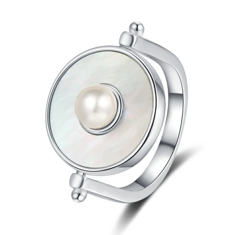 New 925 Silver Jewelry White Shell Rotating Freshwater Pearl Women's Ring Adjustable Free Shipping