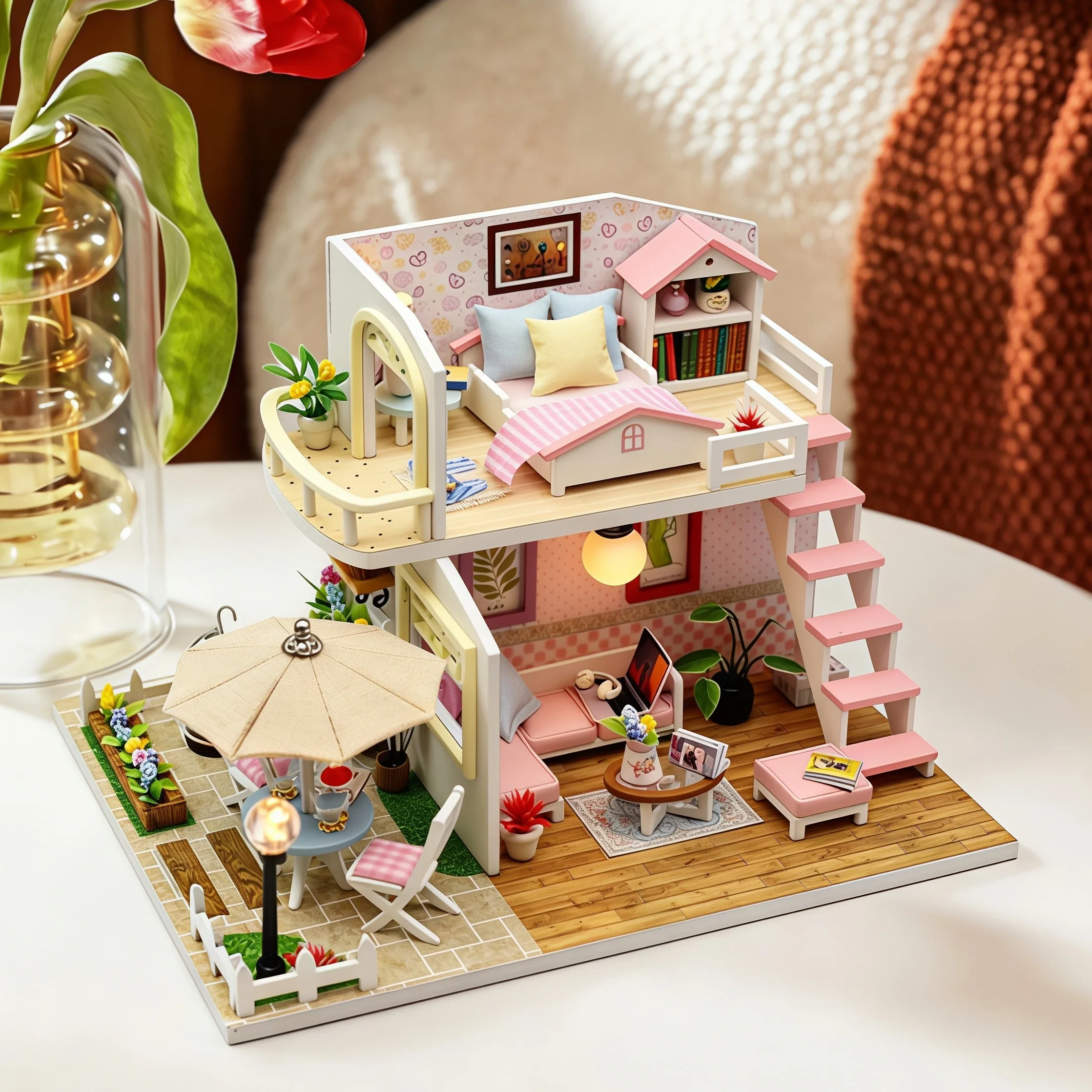 DIY Wooden Pink Loft Casa Cfottage Miniature Dollhouse 3D Puzzle Assembly Model Kits for Adults Birthday Gifts Home Decor