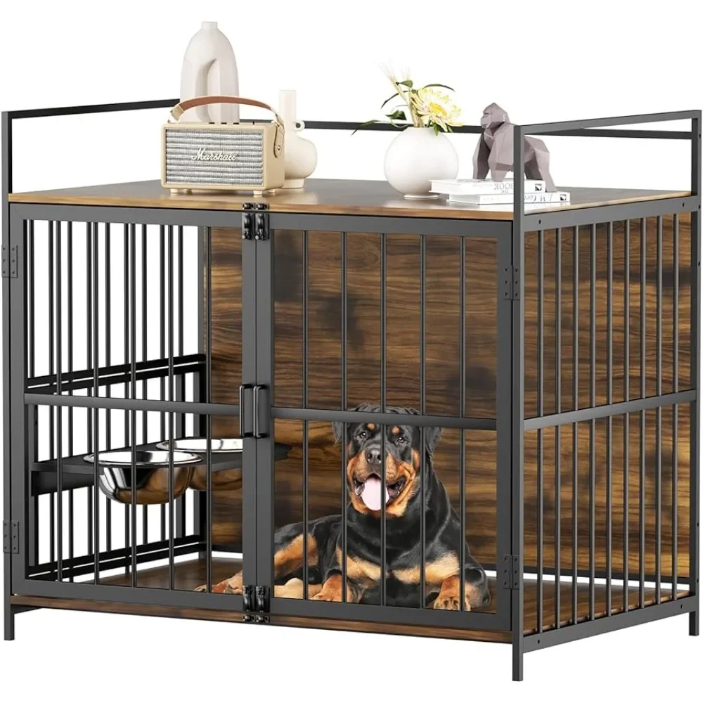 48 Inch Furniture Style Large Dog Crate With Two 360° & Adjustable Stainless Steel Bowls End Table House for Pet Freight free