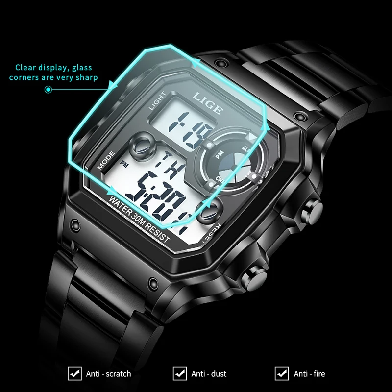 ساعة LIGE الفاخرة الإلكترونية للرجال مربعة الشكل من الفولاذ المقاوم للصدأ ساعات مضيئة للرجال كاجوال رياضية مقاومة للماء للأسبوع وساعة منبه للتاريخ