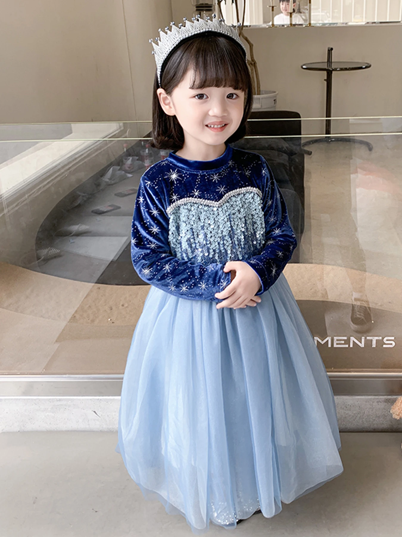 Girls sequined long sleeve princess mesh dress, blue, zipper, fall and winter dress up outfit for parties,dances,shows,carnivals
