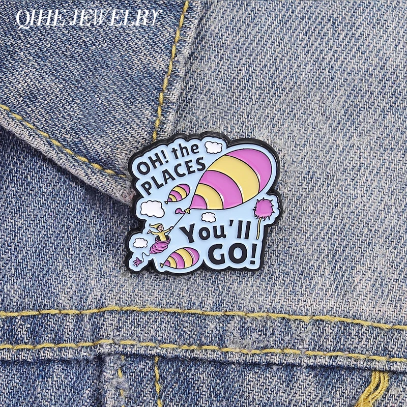 OH! the PLACES You'll GO! Enamel Pins Growth English Picture Book Stories Balloon Aircraft Brooches Bag Lapel Badge Jewelry Gift