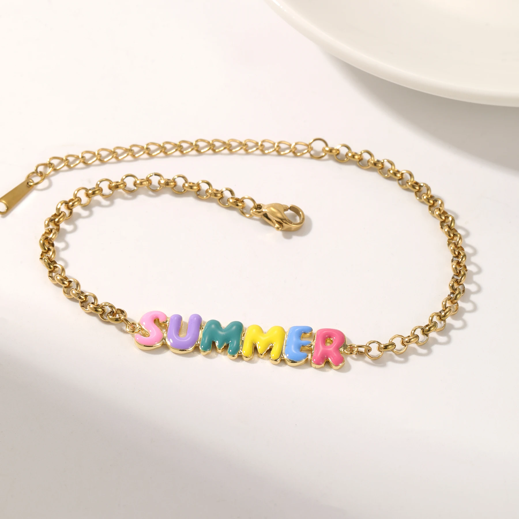 

Customized Colorful Enamel Bracelet Personalized Name Pendant Bracelet For Women Colorful Enamel Stainless Steel Jewelry For Her