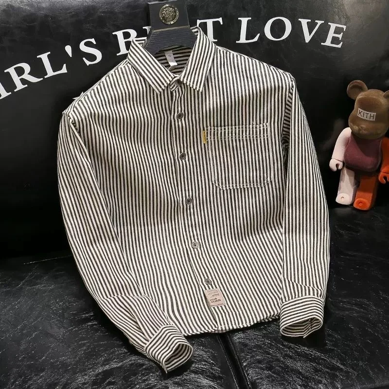 

Men's Loose Fit Long Sleeve Striped Shirt Autumn Fashion Casual Versatile Outerwear Polyester Material Iron Free Standard Style