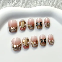 10Pcs Women French Style Handmade Set with Diamonds Bowknot Press on Nails Shining Pink Fake Nails Nail Art Detachable Nail Tips