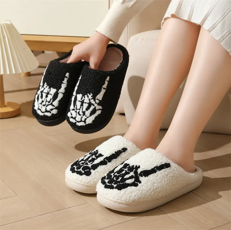 New Men Women Winter Halloween Skull Slippers Non-slip Soft Cotton Shoes Ladies Gents Warm Indoor Home Slippers Unisex Couples