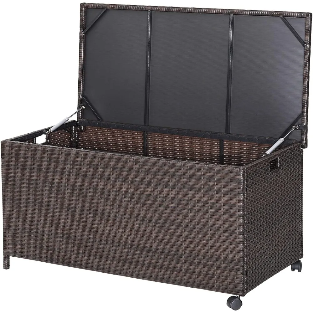 

Patio Rattan Storage Box - 50 Gallon All-Weather Wicker Storage Box w/Top Lid, Protective Liner and Wheels, Outdoor Deck Box