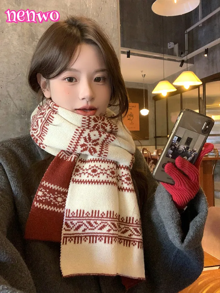 

Двусторонний вязаный кашемировый шарф в стиле Лолиты Fair Isle для женщин, зимняя атмосфера, универсальная шаль, теплый шарф на шею