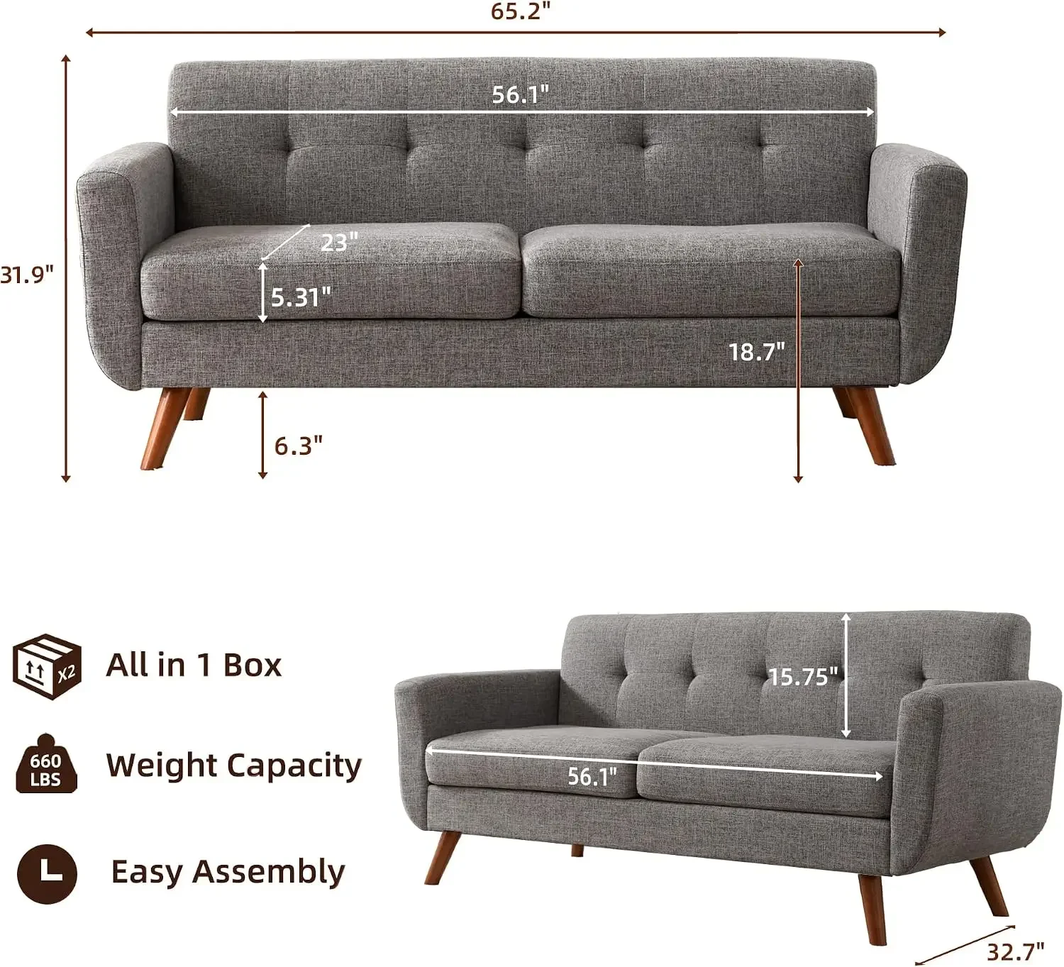 65" W Loveseat Sofa, Mid Century Modern Love Seat Couches for Living Room, Button Tufted Upholstered Small Couch for Bedroom, So - view 2