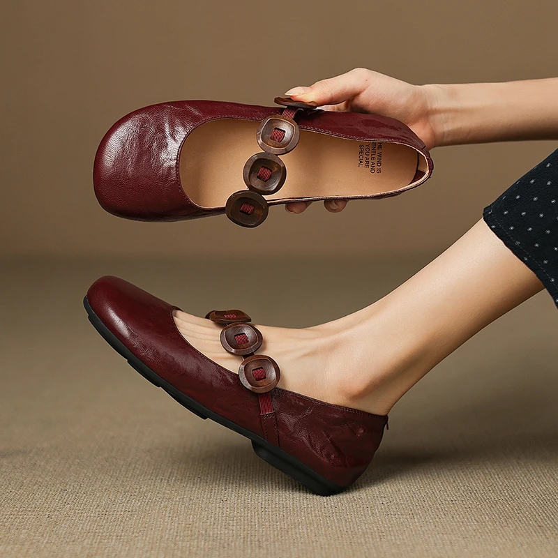 

Women's new leather sheepskin round toe loose buckle with comfortable low heel Mary Jane shoes fashion single shoes