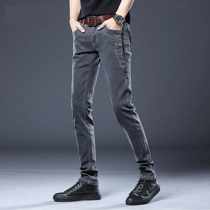 

Активные спортивные модные джинсовые брюки, повседневные уличные новые брюки, мужские прямые удобные брюки с гибкой талией, однотонные узкие эластичные джинсы
