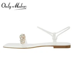 Onlymaker Women White Diamante Flat Sandals Casual Soft  Fashion  Big Size Summer Sandals