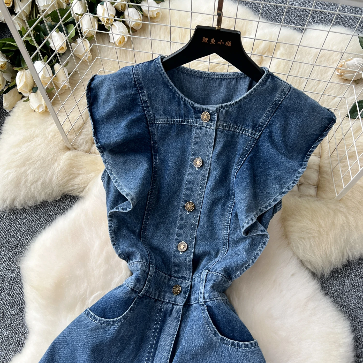 Women Jeans LLong Dress O-Neck Single Breasted Ruffless Sleeve Slim Waist Denim A-line Mini Dress Vestidos Clothing