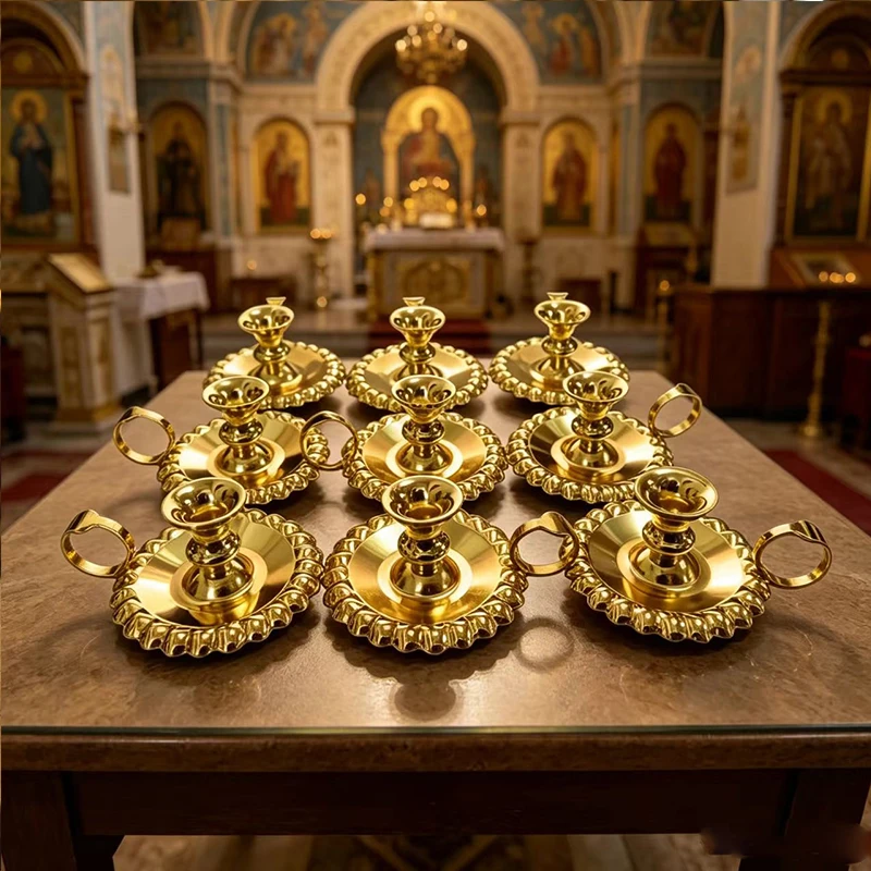 Orthodoxer Kerzenhalter aus Goldmetall mit Griff, verzierter byzantinischer Kerzenständer für Heimaltar, Kirchendekoration, religiöses christliches Geschenk – Detail 2