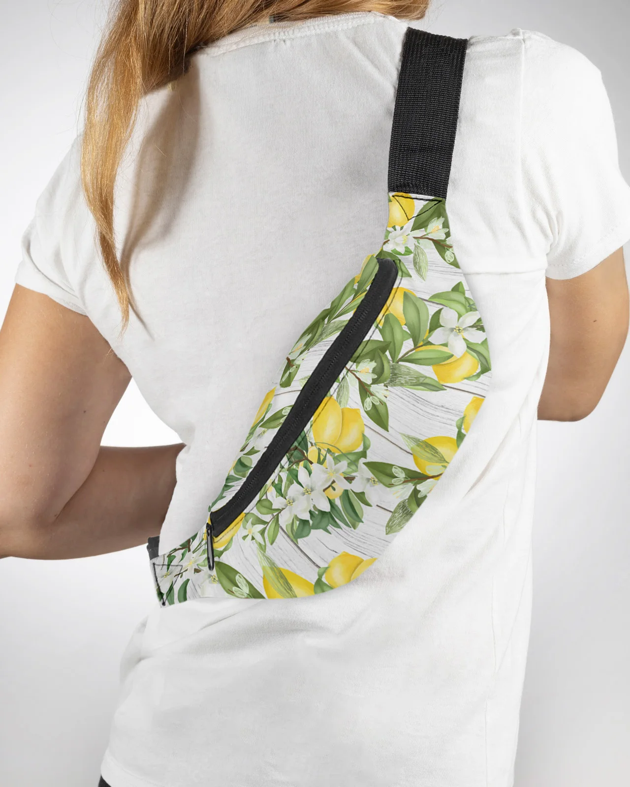 

Lemon Leaf Flower White Wood Grain Men Women Waist Bag Fanny Pack Purse Phone Belt Bag Wallet Pouch Waterproof Banana Hip Bags