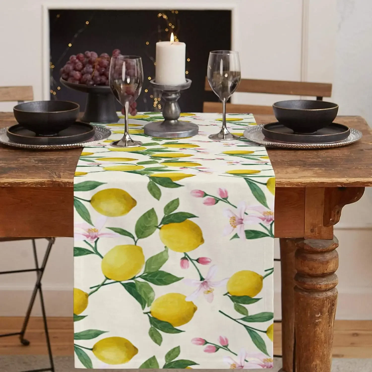 1pc Lemon Floral Table Runner Cream Yellow Fruit Blossom Print Table Cover For Dining Kitchen Party Decoration Tabletop Decor