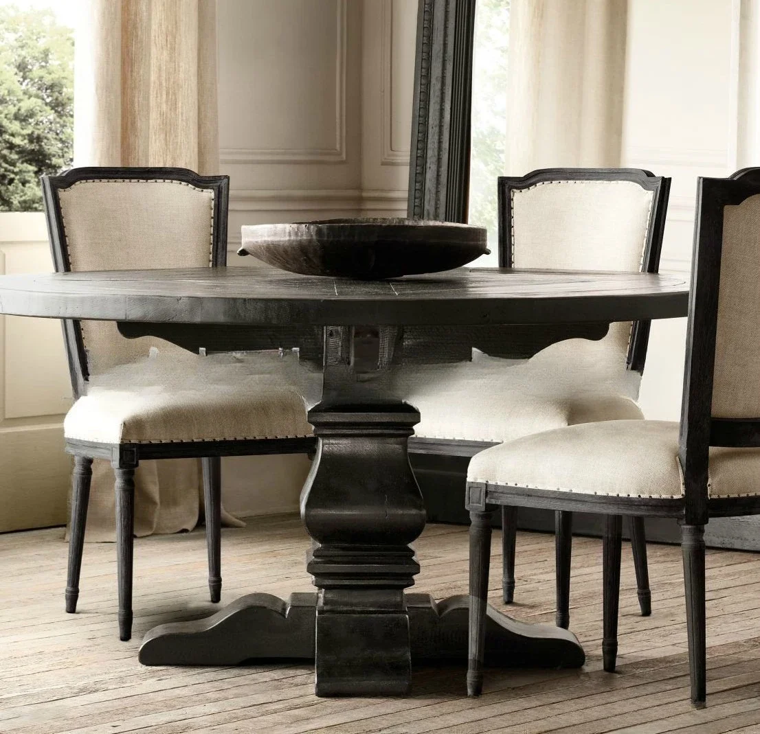 アメリカ産無垢材ダイニングテーブル家具 ダイニングルームログ彫刻 古材丸テーブル 1テーブル4脚組み合わせ