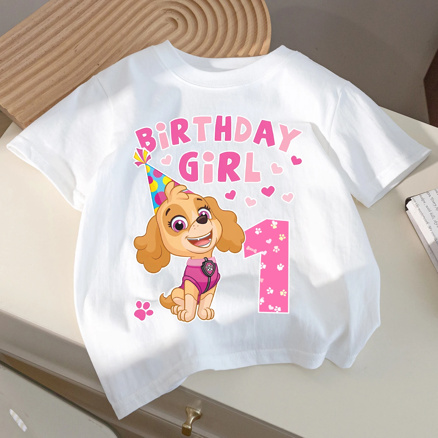 Camiseta Paw Patrol Skye para crianças, camiseta com número de aniversário, roupas brancas para meninas, desenho animado, manga curta, roupas soltas para crianças, presente