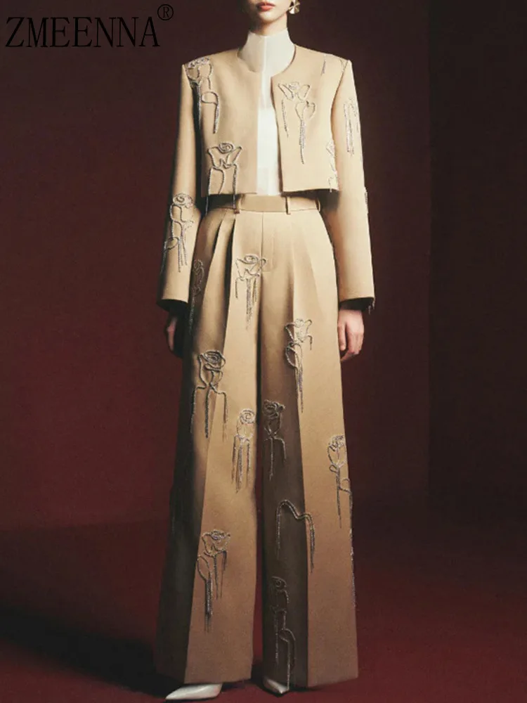 

ZMEENNA женский элегантный комплект из двух предметов, пиджак цвета хаки и широкие брюки, брючный костюм с длинными рукавами и высокой талией ZM3750