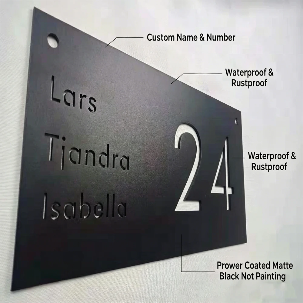 Custom Powder Coated Matte Black Stainless Steel House Number Sign Family Name Door Plate Modern Waterproof Address Plaque
