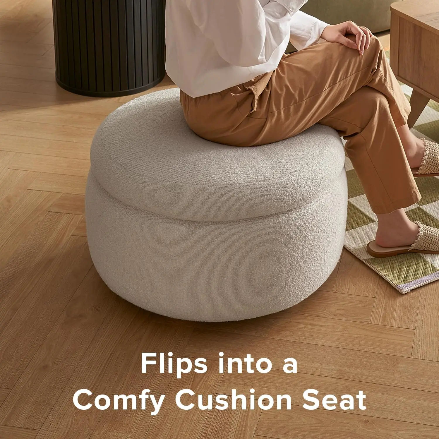 لونا مسند دائري مع مساحة تخزين وصينية، طاولة قهوة مستديرة مع مساحة تخزين، مقاعد قدم منجدة عثمانية لغرفة المعيشة