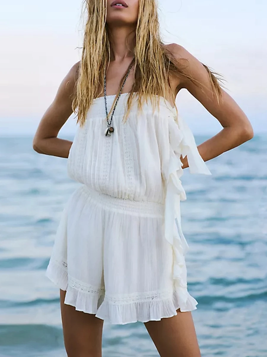 

Women Summer Short Jumpsuit Casual Sleeveless Tie-up Ruffled Playsuits Female Solid Color Elastic Waist Rompers for Beach Club