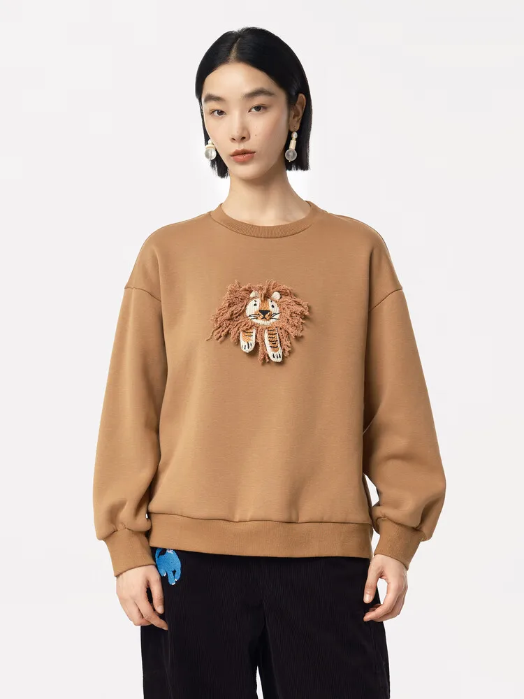 

MOVEUP Long Sleeved Round Neck Sweatshirts Winter Drop Sleeves Plush Lion Embroidery Office Fleece Pullover For Women 324410542