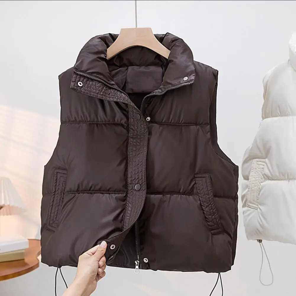 

Women Vest Coat Women's Winter Padded Vest With Stand-up Collar Drawstring Hem Outdoor Down Coat For Windproof Heat Retention