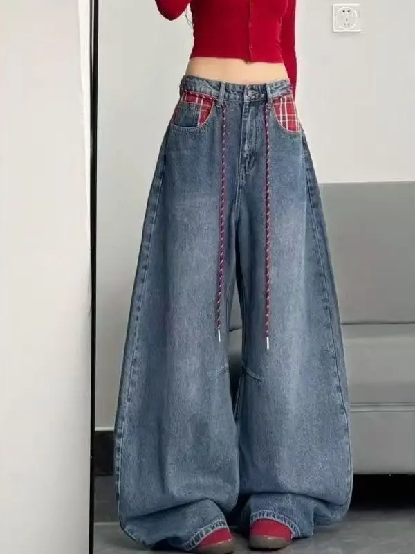 

Американские повседневные джинсы в клетку с широкими штанинами, женские повседневные свободные утягивающие универсальные джинсы с высокой талией для зимнего сезона