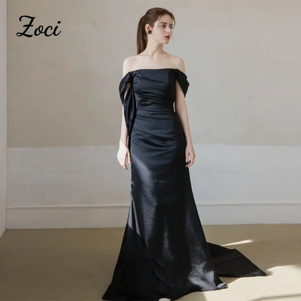 

Zoci Off Shoulder Black Mermaid Korea Wedding Dresses Photos Shoot Silk Satin Corset Bride Dress Customized Wedding Party Gown