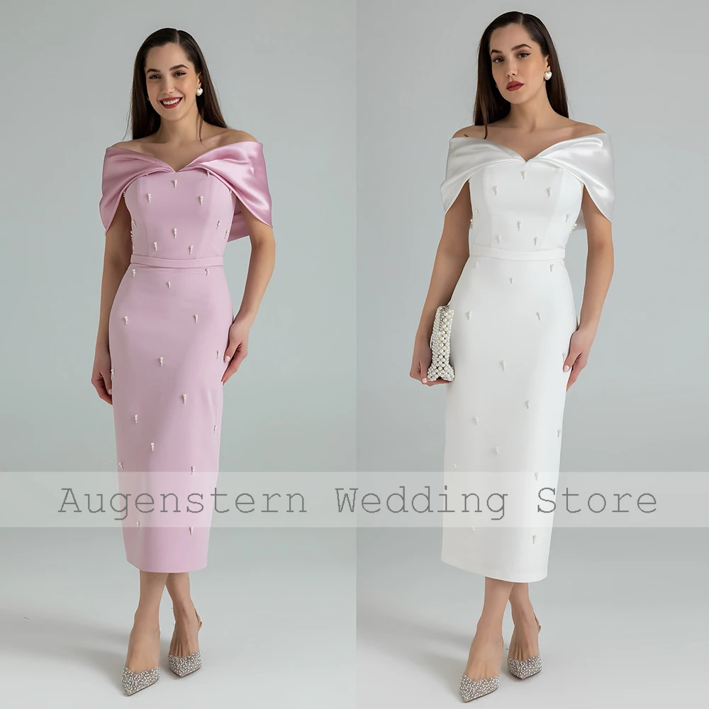 Modern Hall Wedding Dresses Crepe Fabric Sheath/Column Midi Wedding Dress White Off-the-shoulder Pearls Pleat Wedding Party Gown