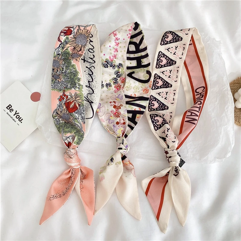 French Tarot Spring New Versatile Plants and Flowers Women\'s Twill Silk Small Scarf Wrap Hand  Tie Bind a bag Ribbon Hair Band