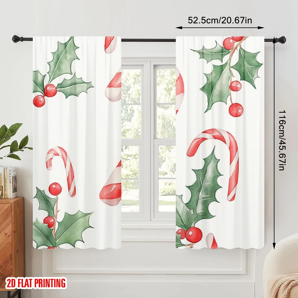2pcs,2D plane printing Window Curtain Candy Holly Berries Christmas (2) Versatile Polyester (without rod) Room Decor for Bedroom