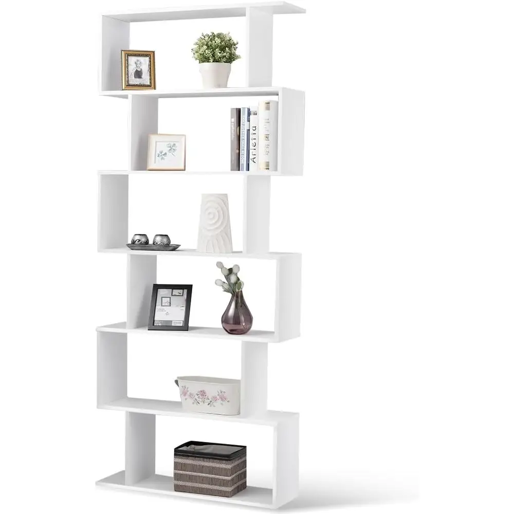 6-Tier Geometric Wooden Bookcase with Anti-Toppling Feature for Living Room and Home Office, White