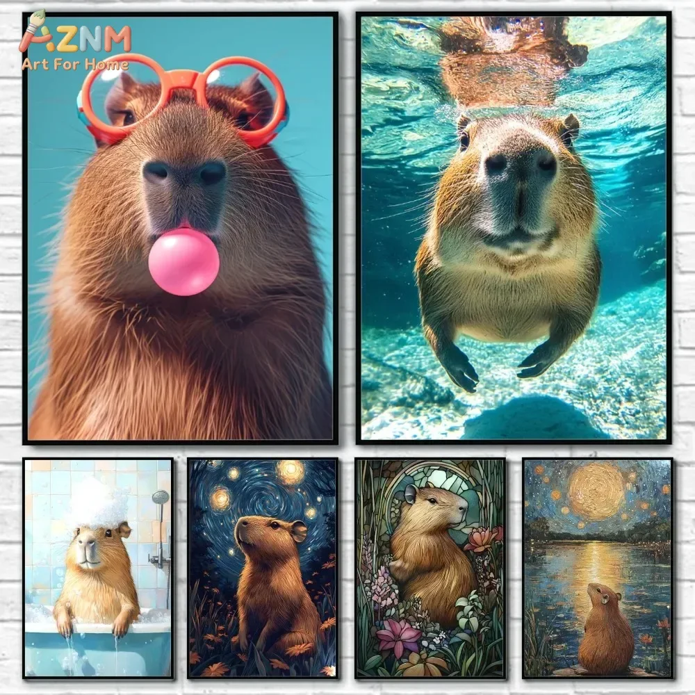 AZNM Funny Capybara Canvas Wall Art Cute Animal Bubblegum Starry Sky Bathing Print Kids Room Home Decor Unframed Canvas Painting