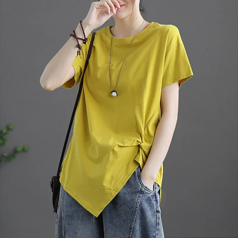 Fashion O-Neck Loose Folds Shirring T-Shirt Female Clothing 2023 Summer New Oversized Casual Pullovers Tops Irregular Tee Shirt