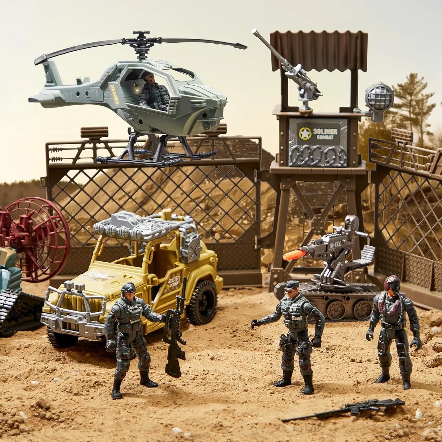 JOYFY Militaire speelgoedset met legerbasis, voertuigen Actiefiguren Wapenaccessoires Helikopter voor kinderen Kerstverjaardagscadeau