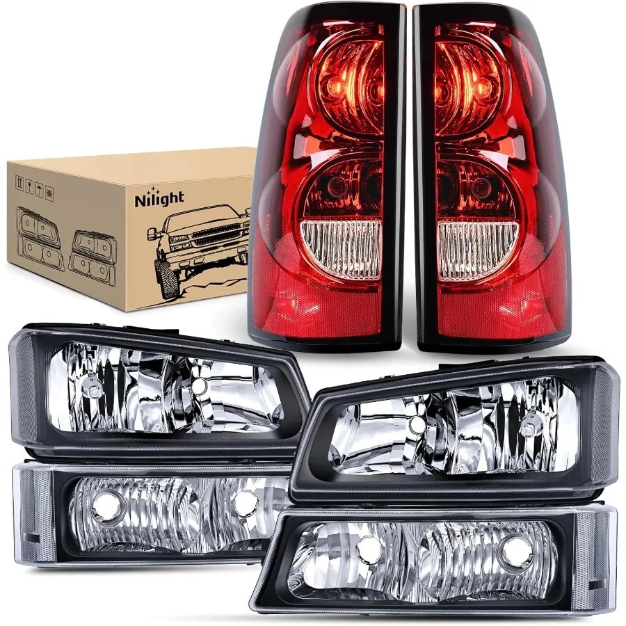 

Headlight and Taillight Assembly Combo Compatible with 2003 2004 2005 2006 2007 Chevy Silverado 1500 1500HD 2500 2500HD 3500 Cl