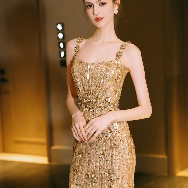 

Gold new banquet temperament host fishtail toast dress