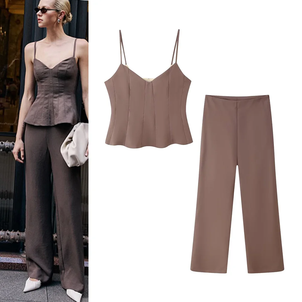 

Women Sets 2025 Summer Sleeveless V Neck Slim Skirt Hem Camis Crop Top Straight Pants Suits Casual Outfits Suits Set