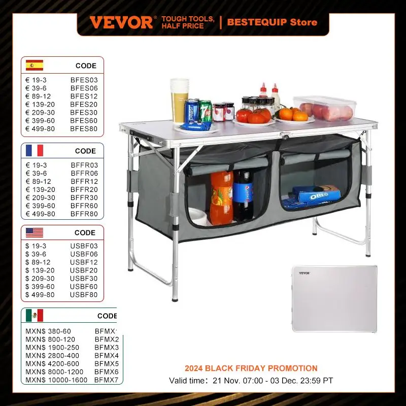 VEVOR Folding Picnic Table Kitchen Camping Cupboards Aluminum Suitcase Table W/ Storage Bag Adjustable Height for Outdoor Garden