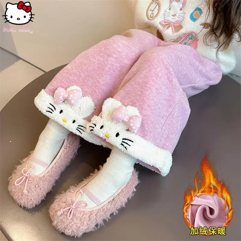 

Kawaii Cartoon Girl Hello Kitty Thickened Pants Anime Children Sanrio Warm New Wide Leg Pants Winter Fashion Sweet Straight Pant