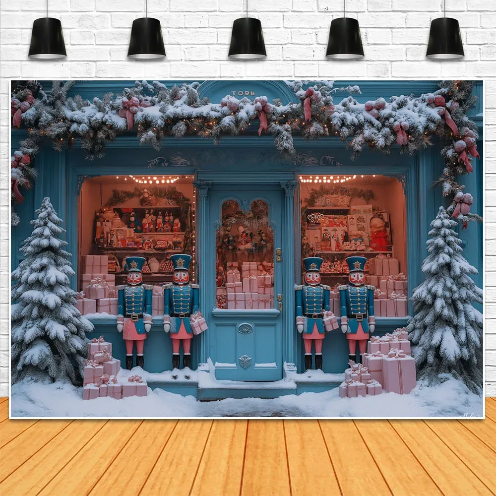 Mocsicka Winter Photography Background Blue and Pink Christmas Gift Shop Snow Xmas Tree Outdoor Children Princess Photo Backdrop