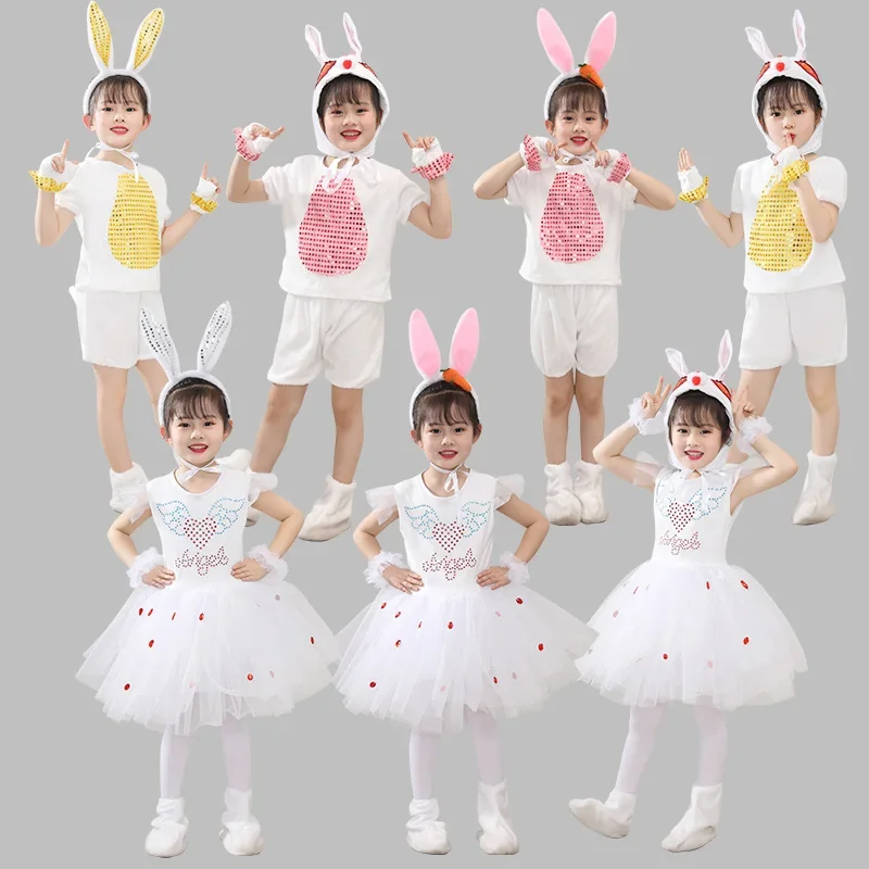 Rabbit Children's Performance Costumes Cute Animal Outfits Set Students Party Dance Clothes Kids Kindergarten's Stage Yarn Skirt