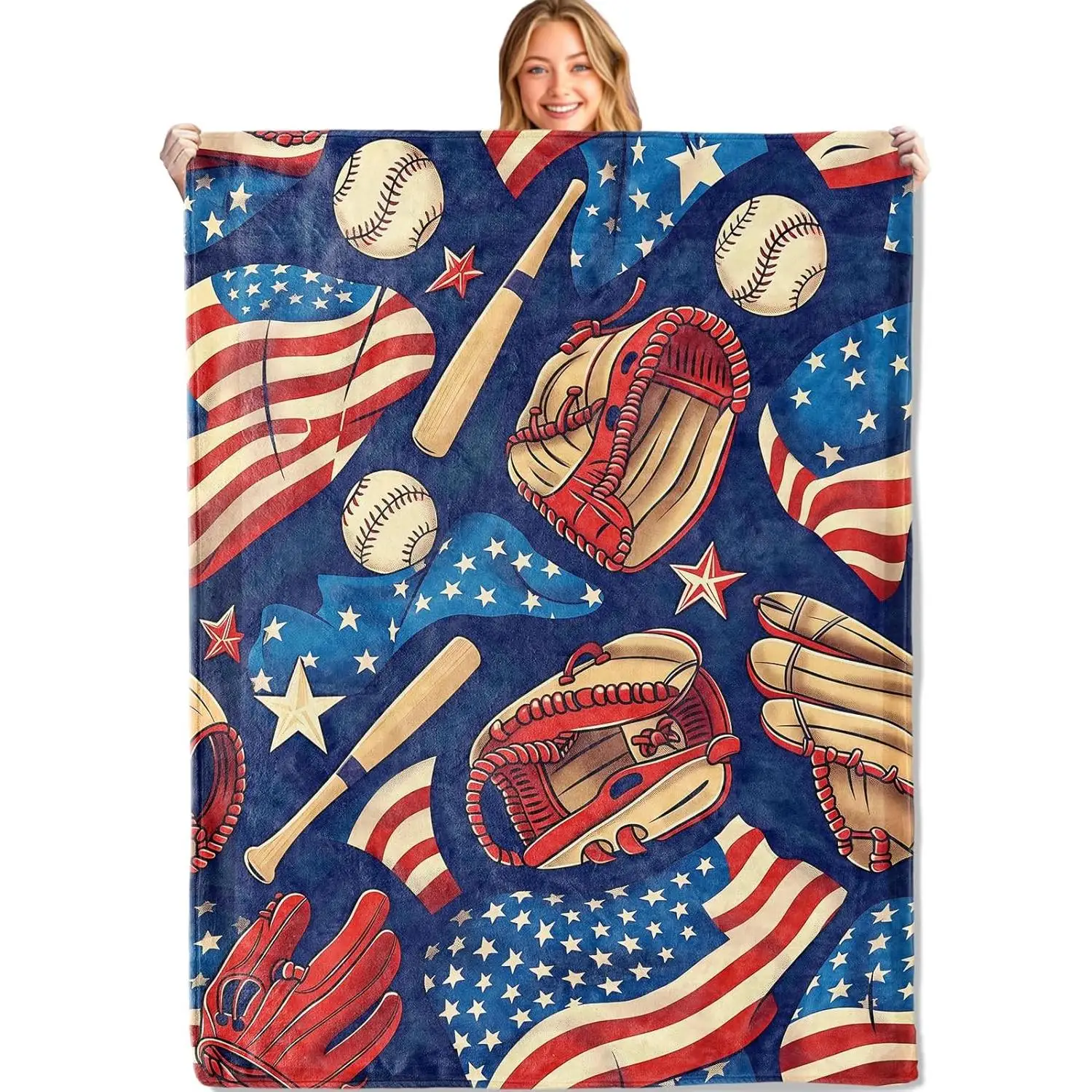 Funny Baseball Blue Throw Blanket Soft Lightweight Flannel Sports American Flag Glove Bat Stars Blankets Gifts for Adult