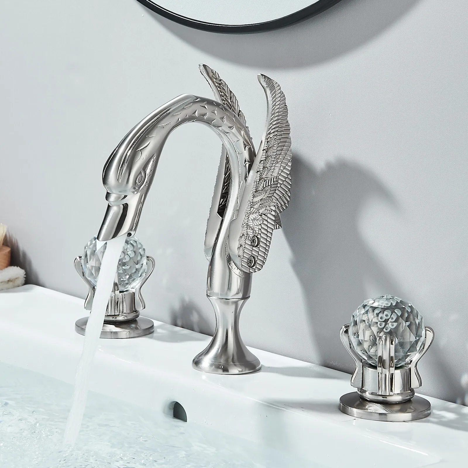

Brushed Nickel Swan Widespread Bathroom Faucet 3Hole Vanity Basin Sink Mixer Tap
