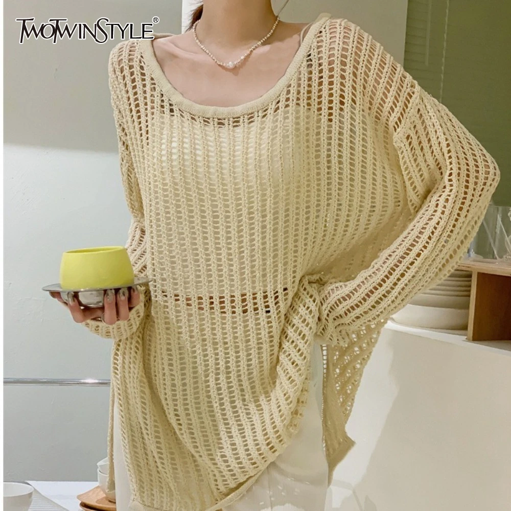 

TWOTWINSTYLE Solid Hollow Out Loose Casual T Shirts for Women O Neck Long Sleeve Minimalist T Shirt Female Fashion